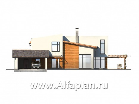 Проект двухэтажного дома из газобетона, с террасой, планировка гостиная на 1 и на 2 эт, с навесом на 2 авто, в стиле минимализм - превью фасада дома