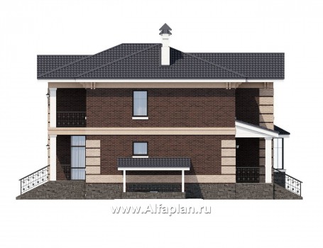 «Репутация»- проект двухэтажного дома из кирпича, планировка с эркером и с цокольным этажом, английском стиле - превью фасада дома