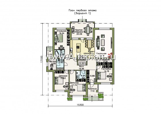 «Калипсо» - проект одноэтажного дома, 4 спальни, c террасой,фасады из кирпича и камня  в современном стиле - превью план дома