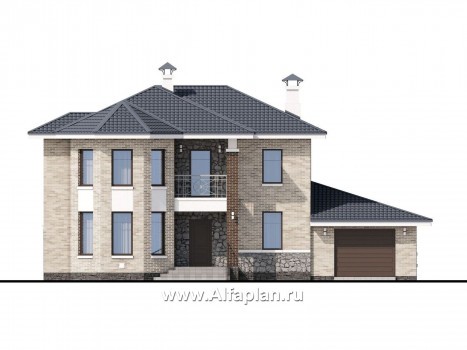 «Благополучие» - проект двухэтажного дома, с открытой планировкой, с эркером и с террасой, гараж на 1 авто - превью фасада дома