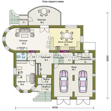 «Амбиент» - красивый проект двухэтажного дома с эркером и с террасой, открытая планировка, с гаражом на 2 авто - превью план дома