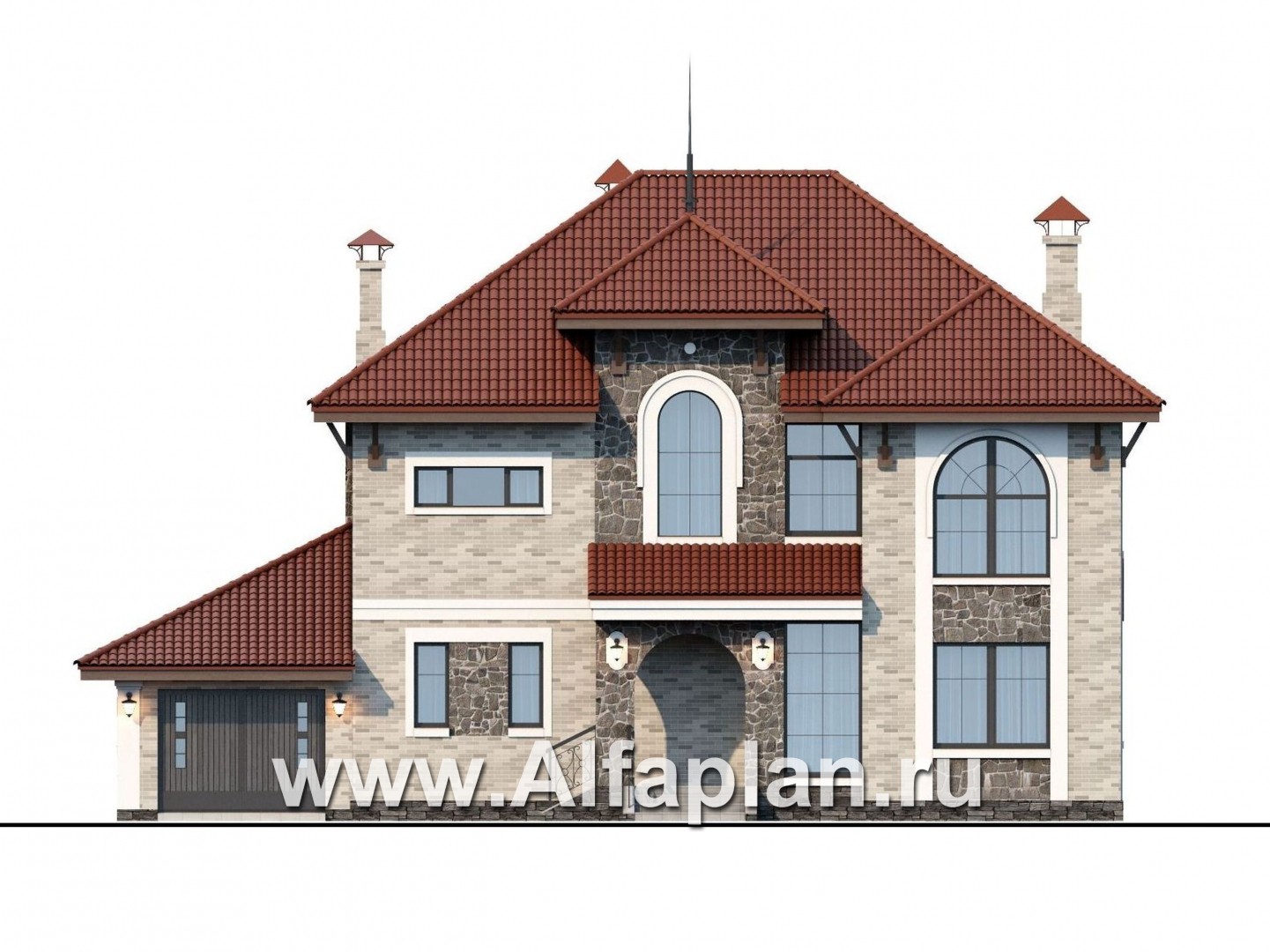 Проекты домов Альфаплан - «Айвенго» — особняк для большой семьи с жилой мансардой и гаражом - изображение фасада №1