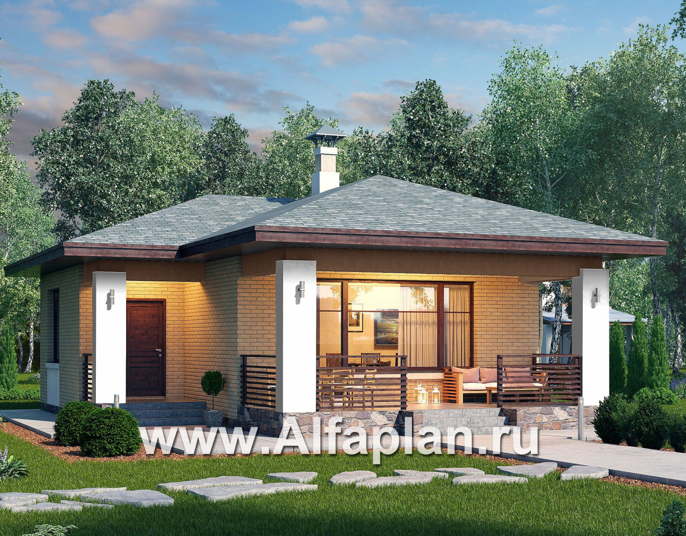 Проекты домов Альфаплан - «Виньон» - проект дачного дома с большой террасой - основное изображение