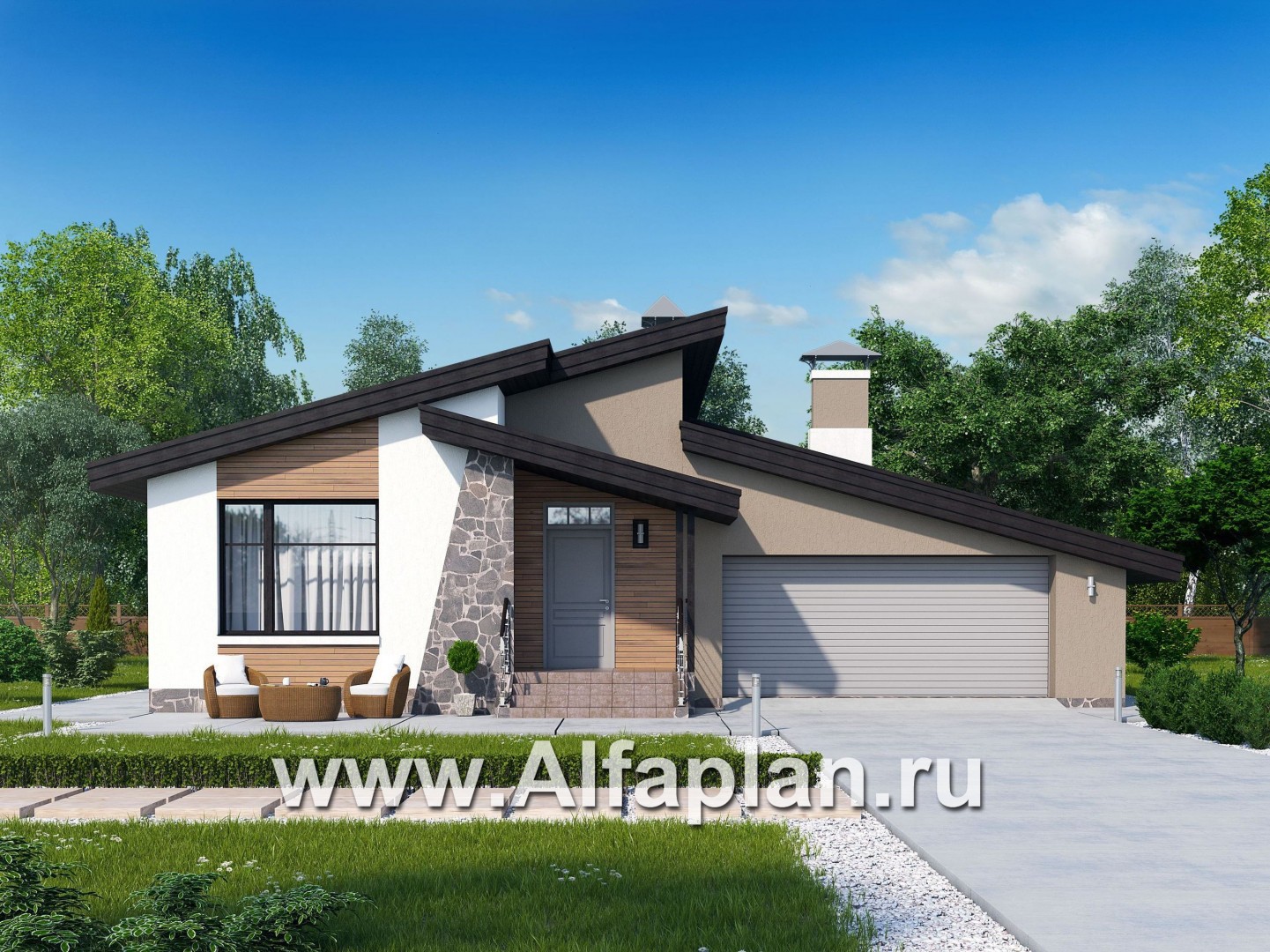 «Санта-Моника» — проект одноэтажного дома, с террасой, с гаражом на 2 авто, в современном стиле - основное изображение