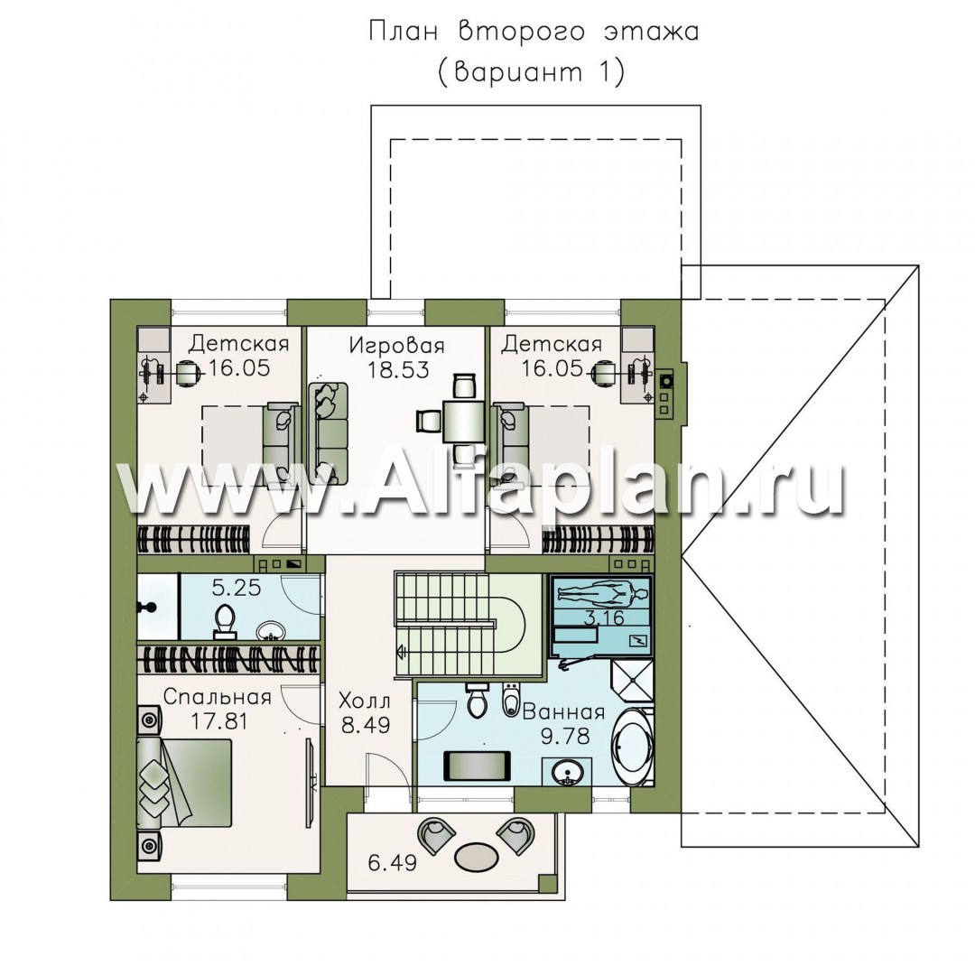 Проекты домов Альфаплан - «Седьмая высота» - стильный коттедж с гаражом и просторной верандой - изображение плана проекта №2