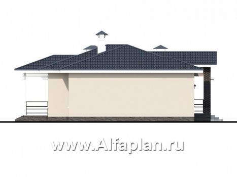 Проекты домов Альфаплан - «Бирюса» - одноэтажный коттедж для небольшой семьи, с теплым гаражом - превью фасада №3