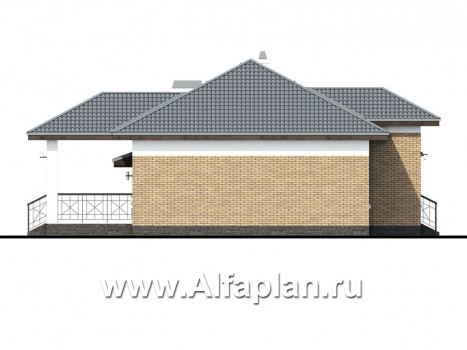 Проекты домов Альфаплан - Проект одноэтажного дома из кирпичей «Княженика», с гаражом - превью фасада №3