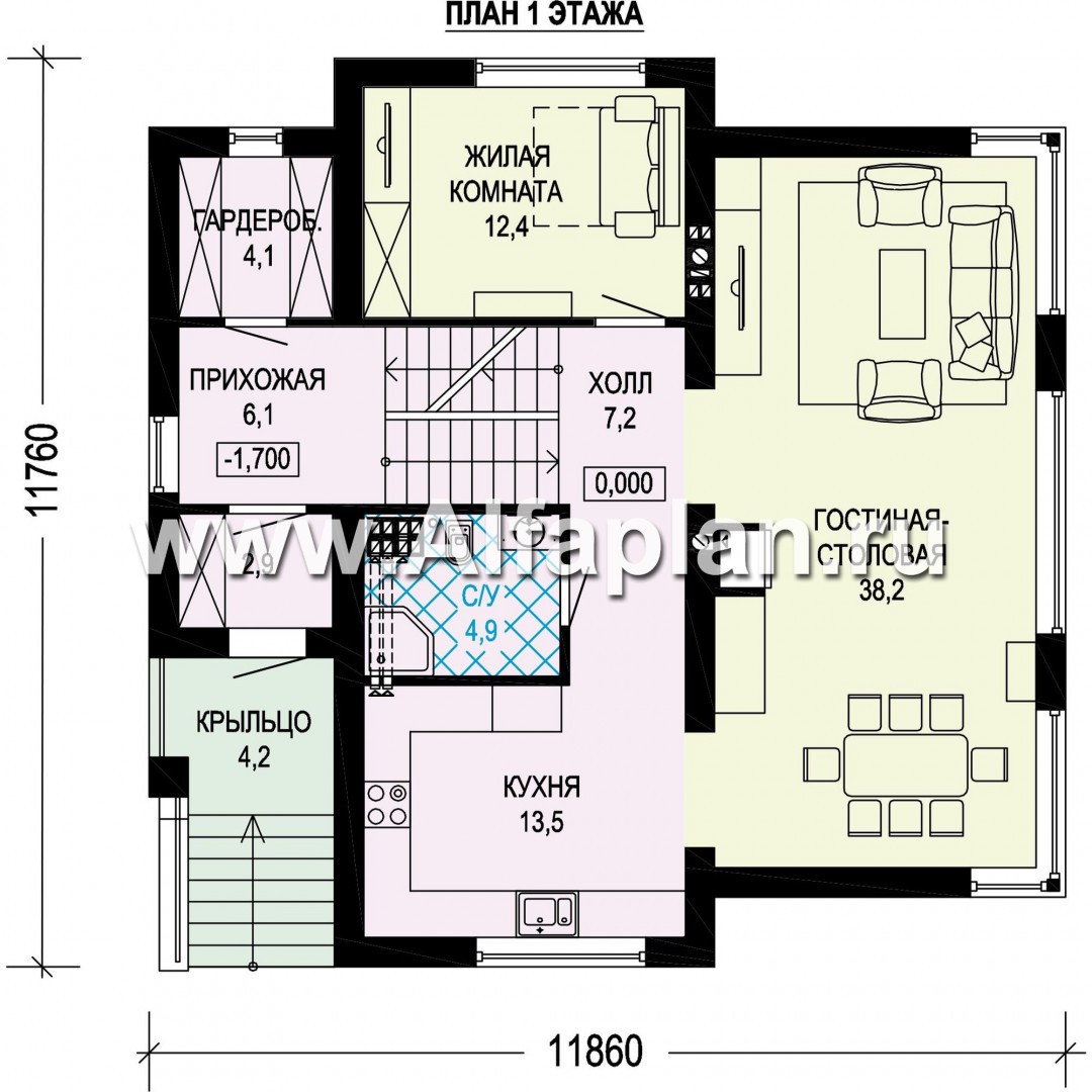 Проект трехэтажного дома, с гаражом на 2 авто и с сауной в цоколе на уровне земли, в современном стиле - план дома
