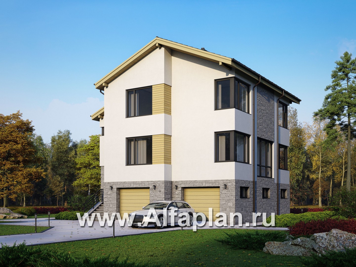 Проект трехэтажного дома, с гаражом на 2 авто и с сауной в цоколе на уровне земли, в современном стиле - дизайн дома №1