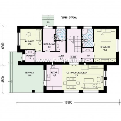 Проект современного загородного дома, планировка с высокой гостиной, две спальни на 1 эт, с террасой - превью план дома