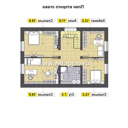 Проект дома с мансардой, планировка две спальни на 1 эт, с террасой и с эркером - превью план дома