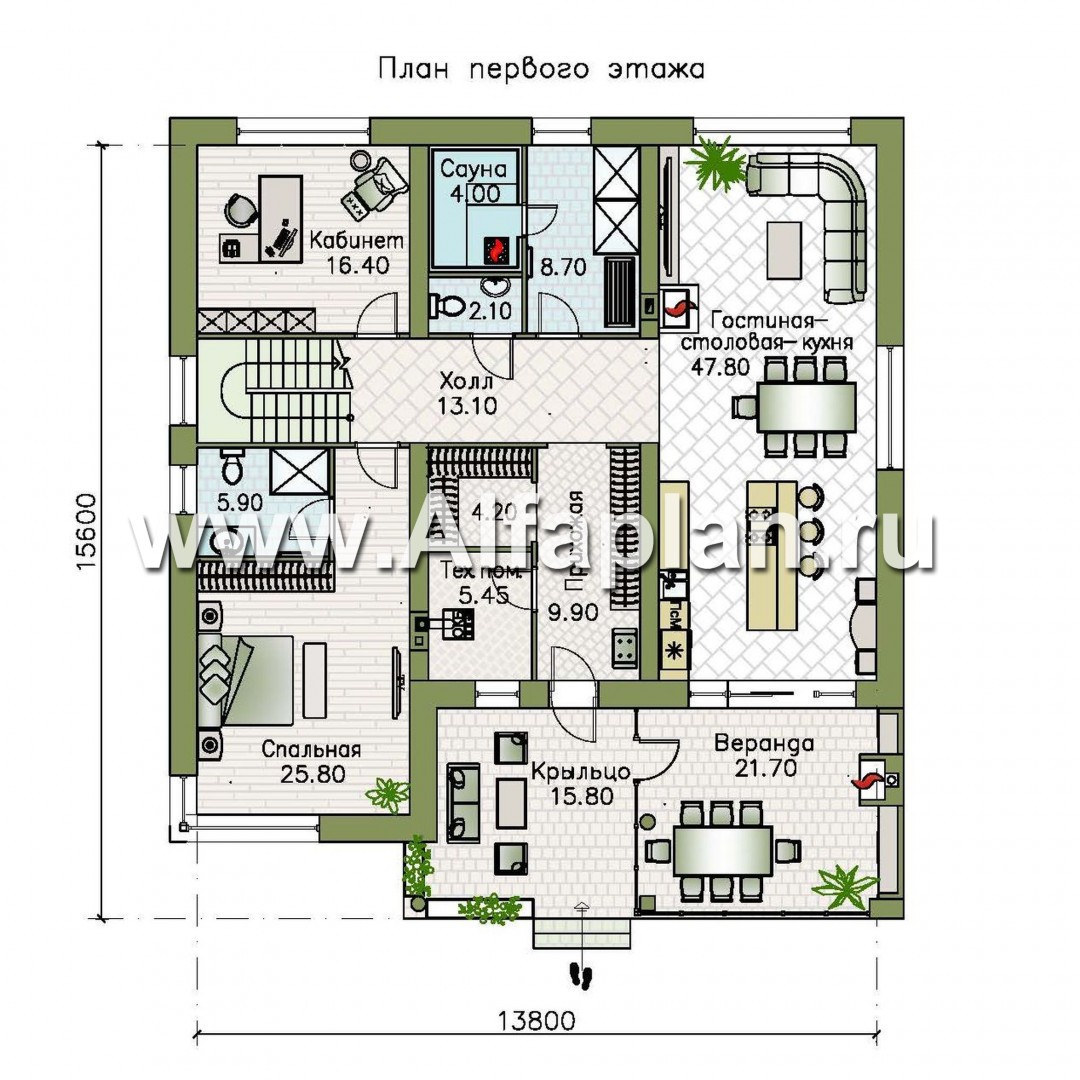Проекты домов Альфаплан - «Спектр» - проект современного дома с двумя жилыми комнатами на 1-ом этаже и сауной - изображение плана проекта №1