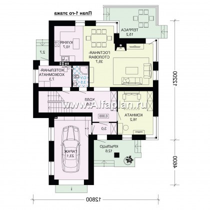 Проект двухэтажного дома, планировка с кабинетом и с гаражом, с террасой, в современном стиле - превью план дома