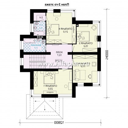 Проект двухэтажного дома, планировка с кабинетом и с гаражом, с террасой, в современном стиле - превью план дома