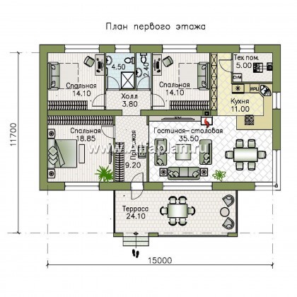 «Соната» - проект одноэтажного дома, с террасой, 3 спальни, в стиле минимализм - превью план дома
