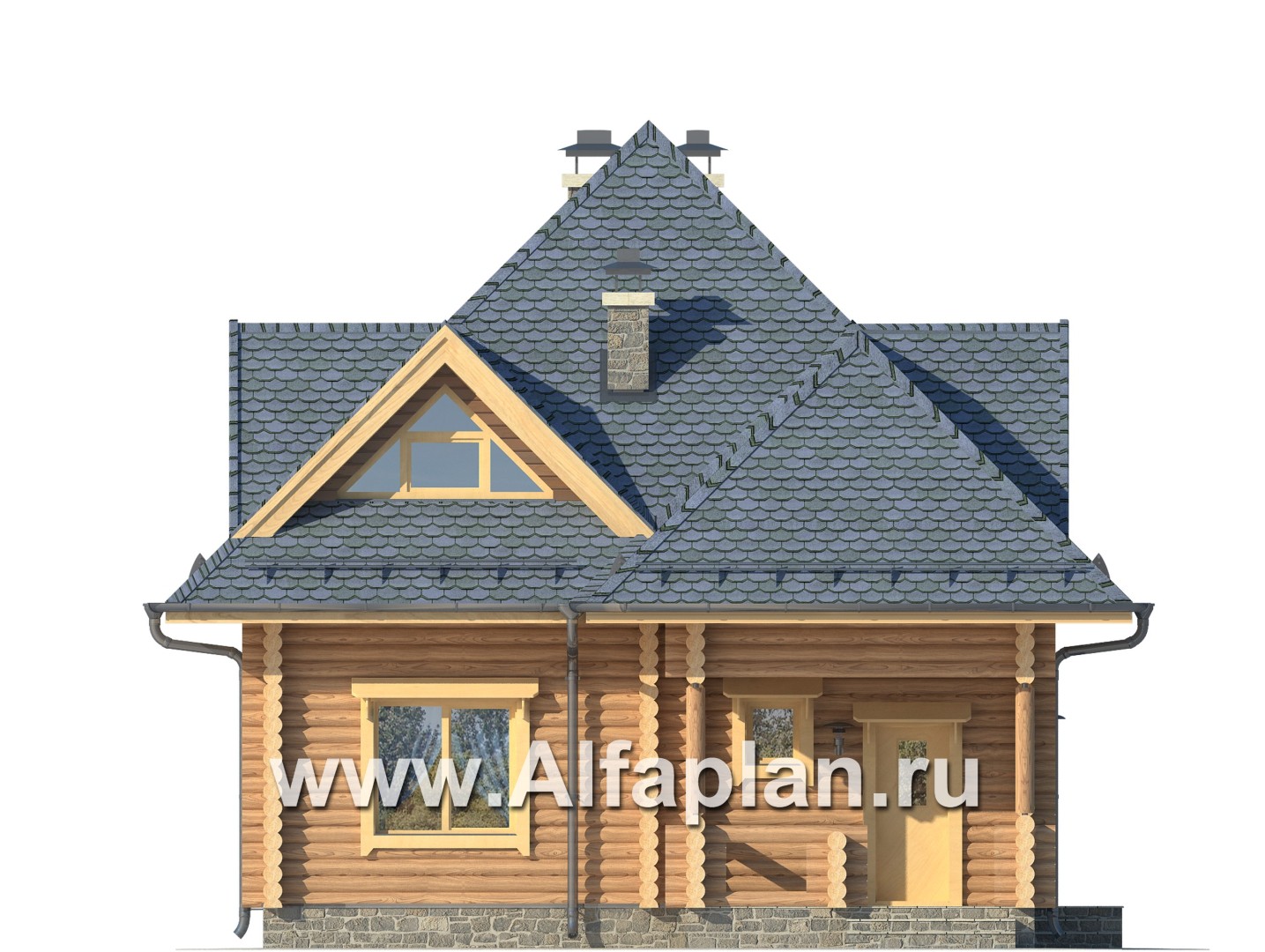 Проекты домов Альфаплан - Одноэтажный дом из бревен с мансардой - изображение фасада №1