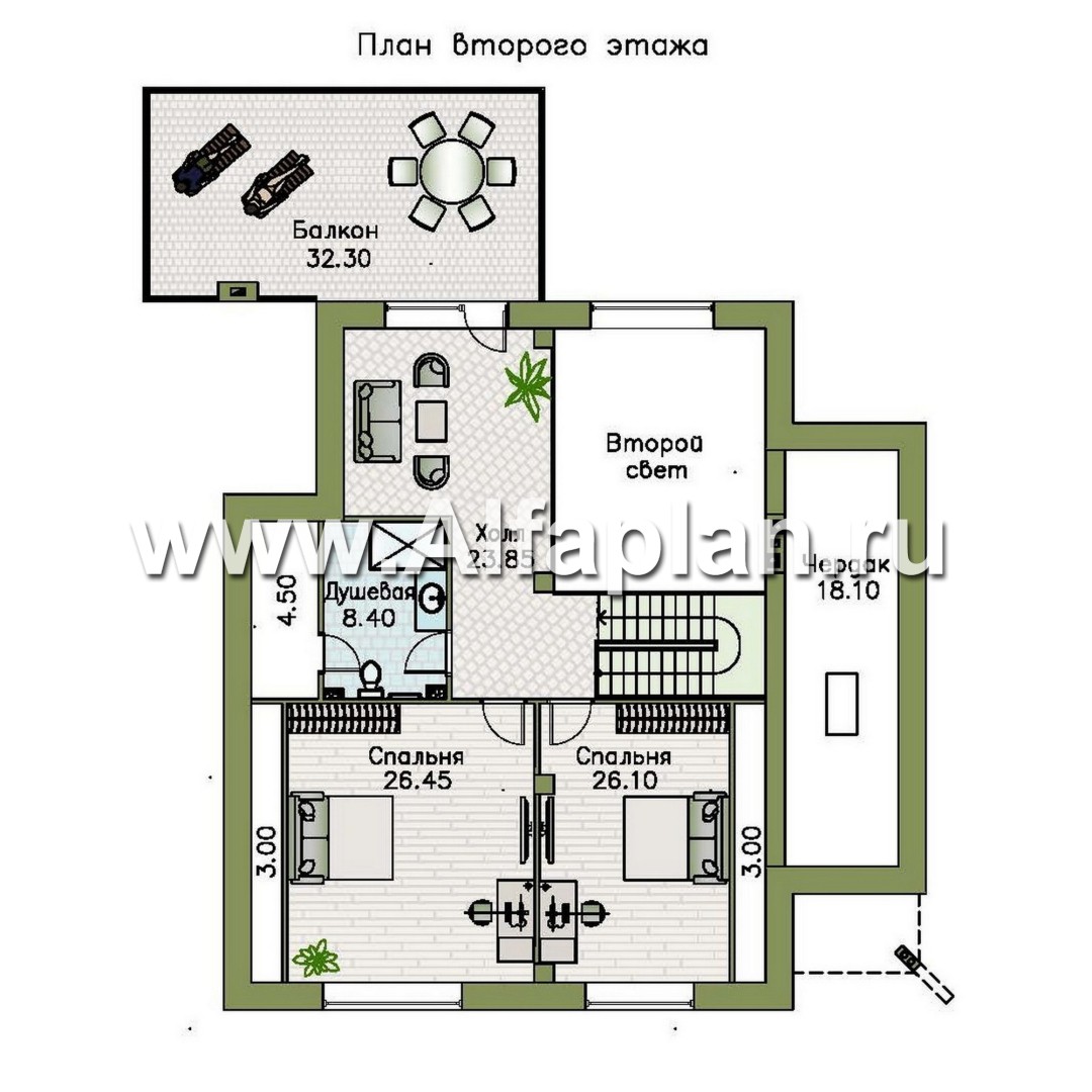 «Амарант» - проект современного коттеджа с мансардой, с террасой и балконом - план дома
