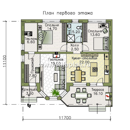 Проекты домов Альфаплан - "Сорренто" - проект одноэтажного дома, две спальни, в средиземноморском стиле - превью плана проекта №1