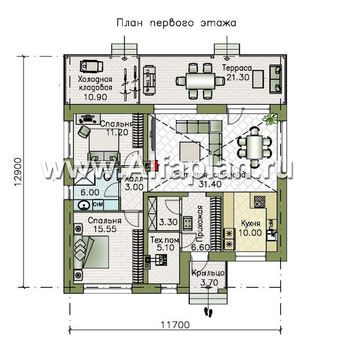 «Перламутр» - проект одноэтажного дома из газобетона, с террасой, 2 спальни - план дома