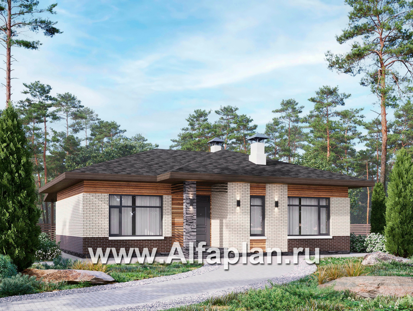 «Отрадное» - проект одноэтажного дома из газобетона, с террасой, 3 спальни - основное изображение