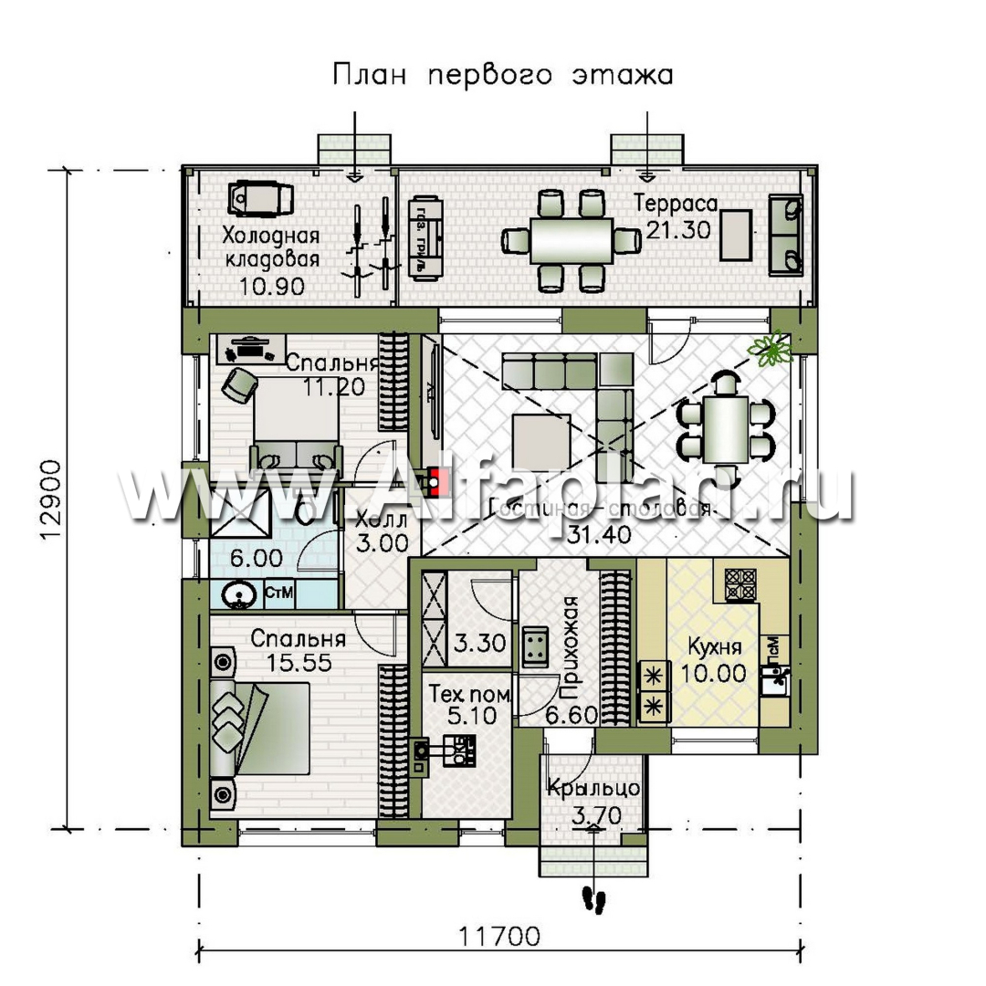 «Перламутр» - проект одноэтажного дома из газобетона, с террасой, 2 спальни - план дома
