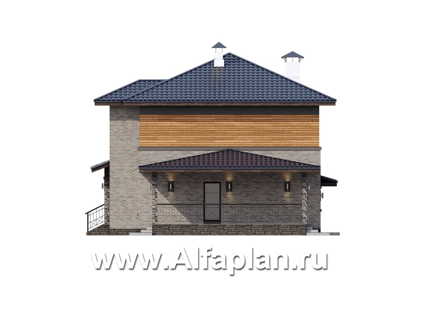 «Компас» - проект двухэтажного дома из газобетона, стеррасой и гаражом, в стиле Райта - фасад дома