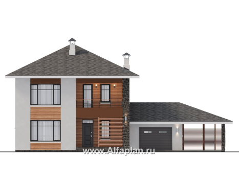 «Ладога» - проект двухэтажного дома из газобетона, в современном стиле, с террасой, планировка с гаражом - превью фасада дома
