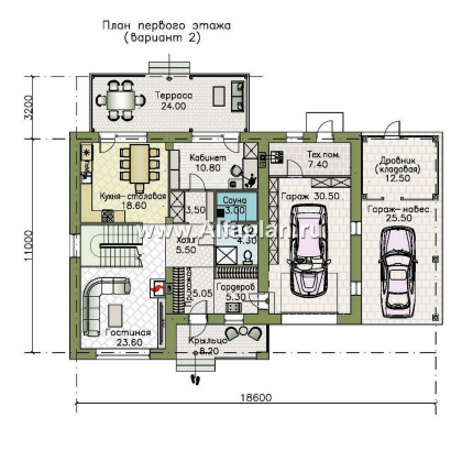 «Ладога» - проект двухэтажного дома из газобетона, в современном стиле, с террасой, планировка с гаражом - превью план дома