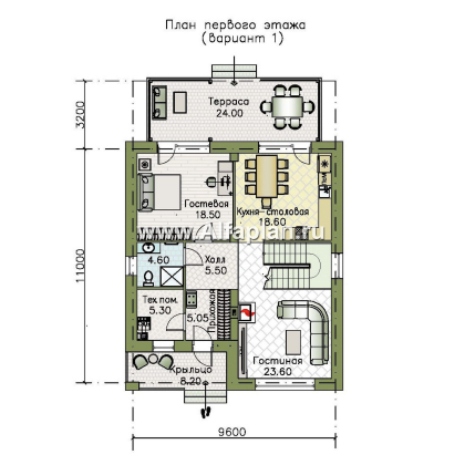 «Ладога» - проект двухэтажного дома из газобетона, в современном стиле, с террасой, отличная планировка - превью план дома