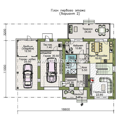 «Ладога» - проект двухэтажного дома из газобетона, в современном стиле, с террасой, планировка с гаражом - превью план дома