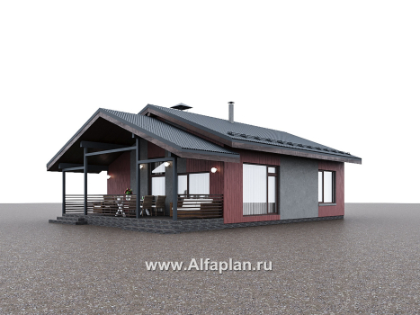 «Литен» - проект простого одноэтажного дома, планировка 2 спальни, с террасой и двускатной крышей - превью дополнительного изображения №3