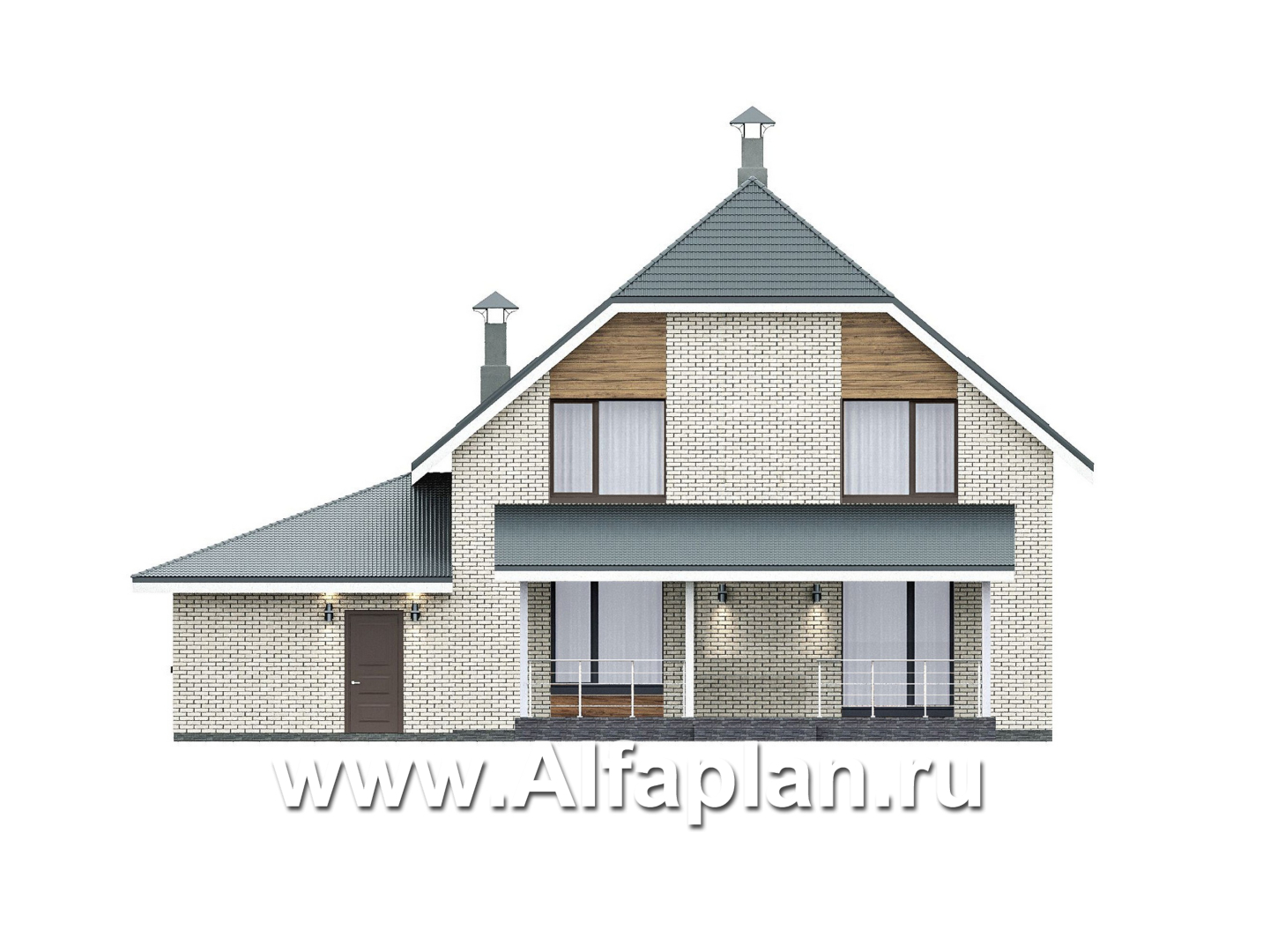 «Династия» - проект дома с мансардой, мастер спальня, с террасой и гаражом с мастерской - фасад дома