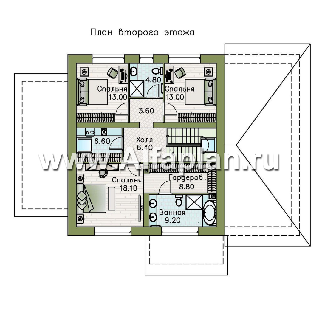 «Династия» - проект дома с мансардой, мастер спальня, с террасой сбоку и гаражом с мастерской - план дома