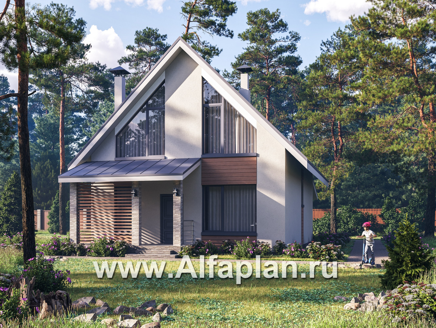 «Генезис» - проект дома с мансардой, с террасой в современном стиле - основное изображение