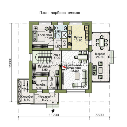 «Чистая линия» - проект дома, 2 этажа, мастер спальня, с террасой сбоку, в современном стиле - превью план дома