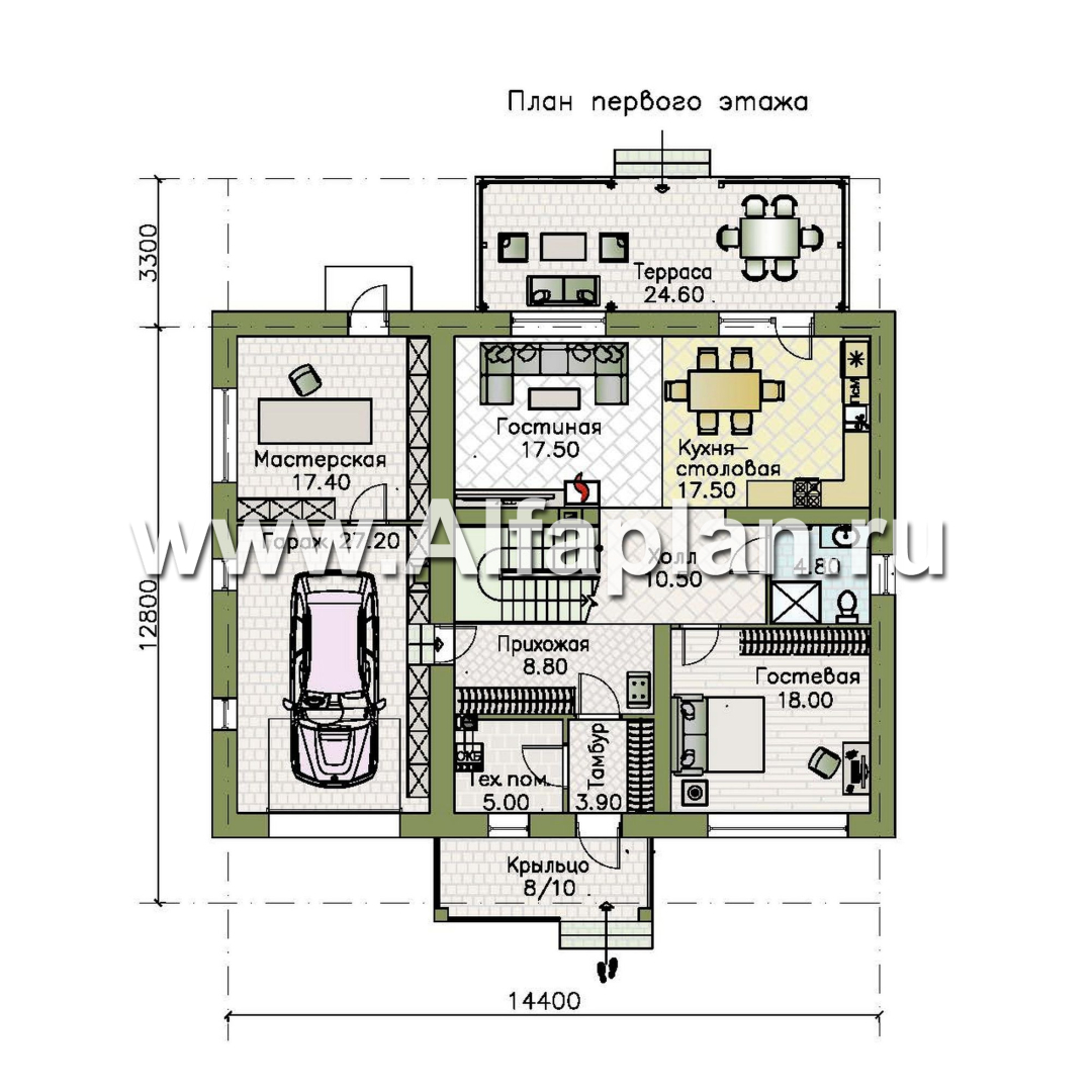 «Династия» - проект дома с мансардой, мастер спальня, с террасой и гаражом с мастерской - план дома