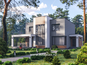 «Селектум» - красивый проект двухэтажного дома, планировка с мастер спальней, двусветная столовая, плоская крыша, в стиле минимализм
