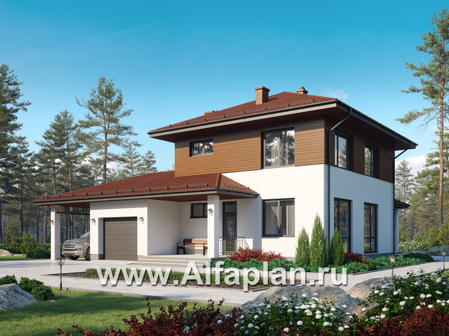 Проект загородного дома, c кабинетом на 1 эт и с террасой, гараж на 1 авто + навес на 2 авто - основное изображение