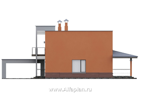 «Невада» - проект двухэтажного дома из газобетона, с террасой, навес на 2 авто, с плоской крышей в стиле минимализм - превью фасада дома