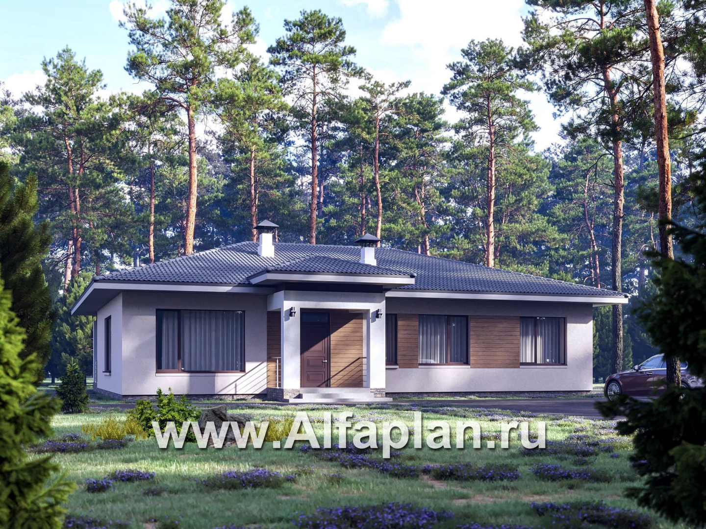 «Serenity» - проект одноэтажного дома, c террасой, планировка мастер спальня, гардероб и постирочная, 4 спальни - основное изображение