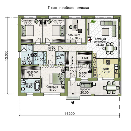 «Serenity» - проект одноэтажного дома, терраса со стороны входа, планировка мастер спальня, 4 спальни - превью план дома