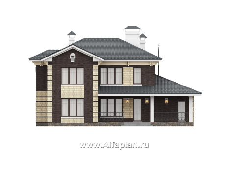 «Репутация» - красивый проект двухэтажного дома из газобетона, планировка с эркером и сауной, в английском стиле - превью фасада дома