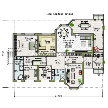 «Ной и команда» - проект полутораэтажного коттеджа, планировка мастер спальня, с эркером и с террасой, с сауной в цоколе  - превью план дома