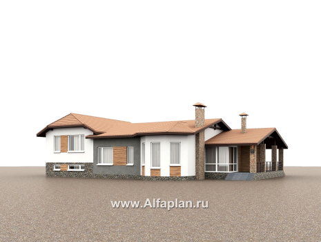 «Ной и команда» - проект полутораэтажного коттеджа, планировка мастер спальня, с эркером и с террасой, с сауной в цоколе  - превью дополнительного изображения №1