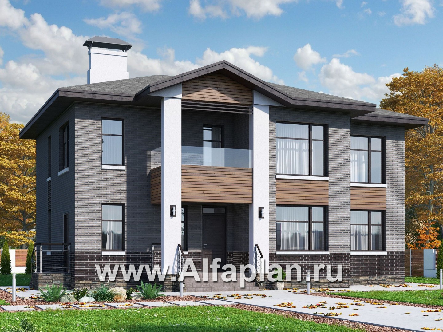 Проекты домов Альфаплан - «Высшая лига» -  комфортабельный двухэтажный дом с двумя жилыми комнатами на 1 этаже - основное изображение