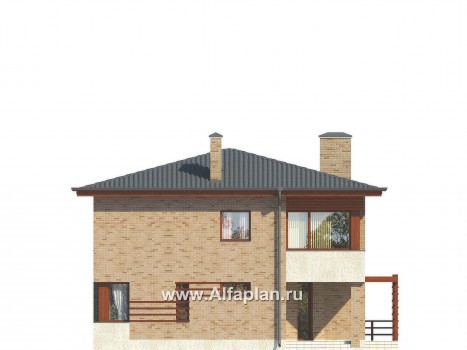 Проект двухэтажного дома, с кабинетом и с террасой, вход с угла, в современном стиле - превью фасада дома