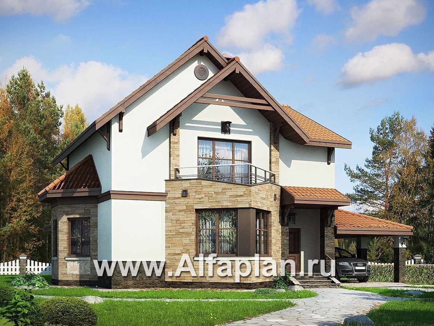«Бригантина» - проект двухэтажного коттеджа с эркером, с террасой и с навесом на 1 авто - основное изображение