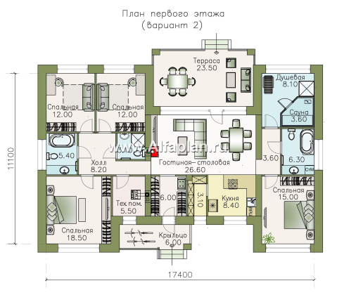 «Ангара» - проект просторного одноэтажного дома, 5 спален, планировка дома с террасой - превью план дома