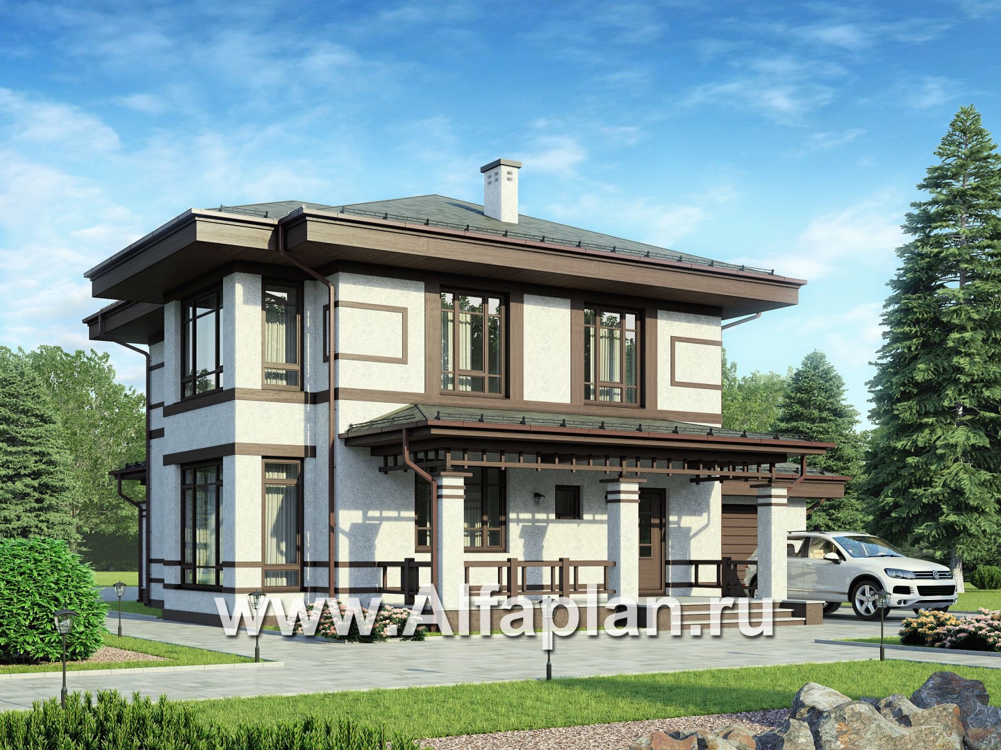 Проект двухэтажного дома, планировка с террасой со стороны входа и со стороны двора, с эркером и с гаражом - основное изображение