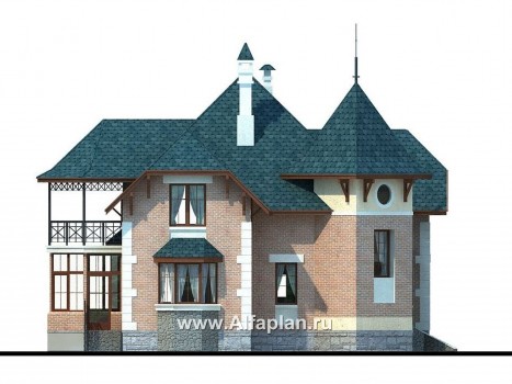 «Аскольд» - проект двухэтажного дома с террасой, планировка дома по диагонали, в стиле замка - превью фасада дома